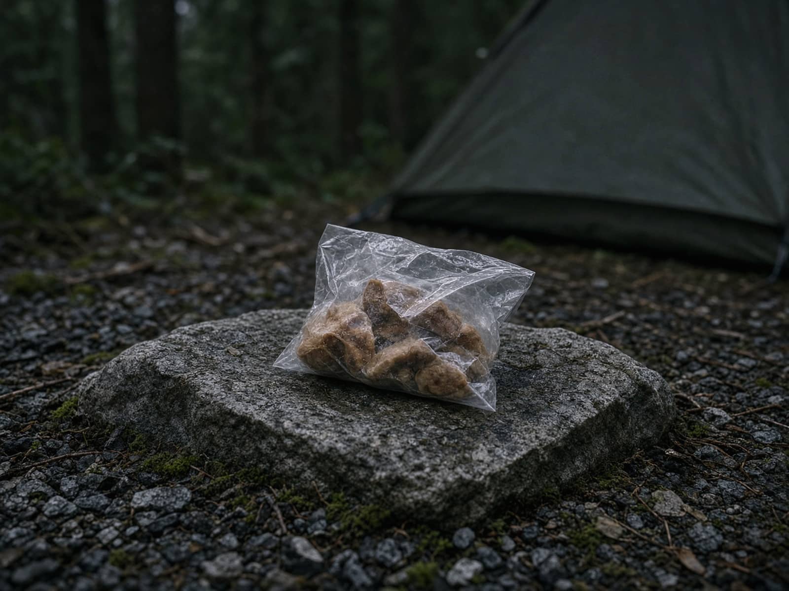 A clear odor-barrier bag with food on a stone at camp