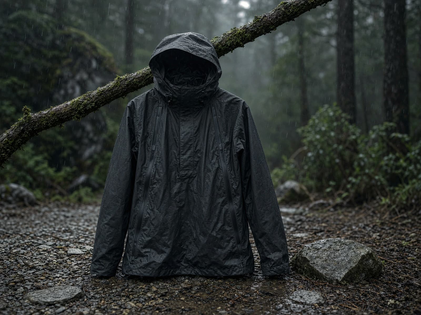 A full-featured rain shell with full side zips hung from a branch in light rain
