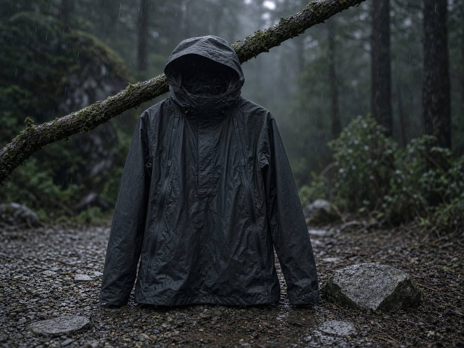 A full-featured rain shell with full side zips hung from a branch in light rain