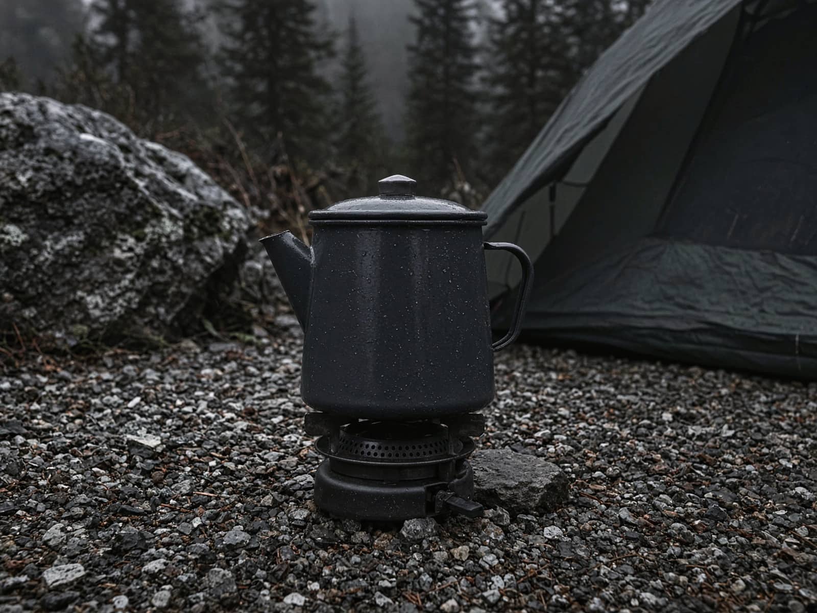 An enamel coffee percolator on a burner at a car campsite