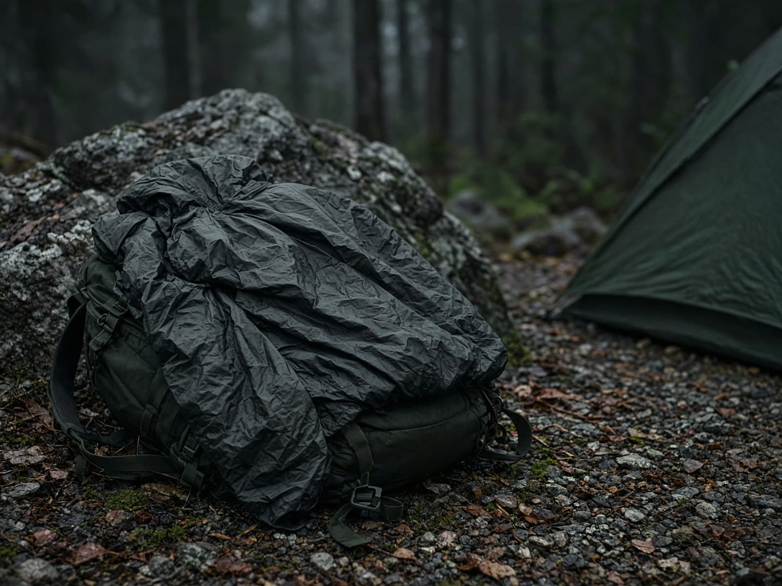 An ultra-thin down jacket draped over a pack at a cold camp