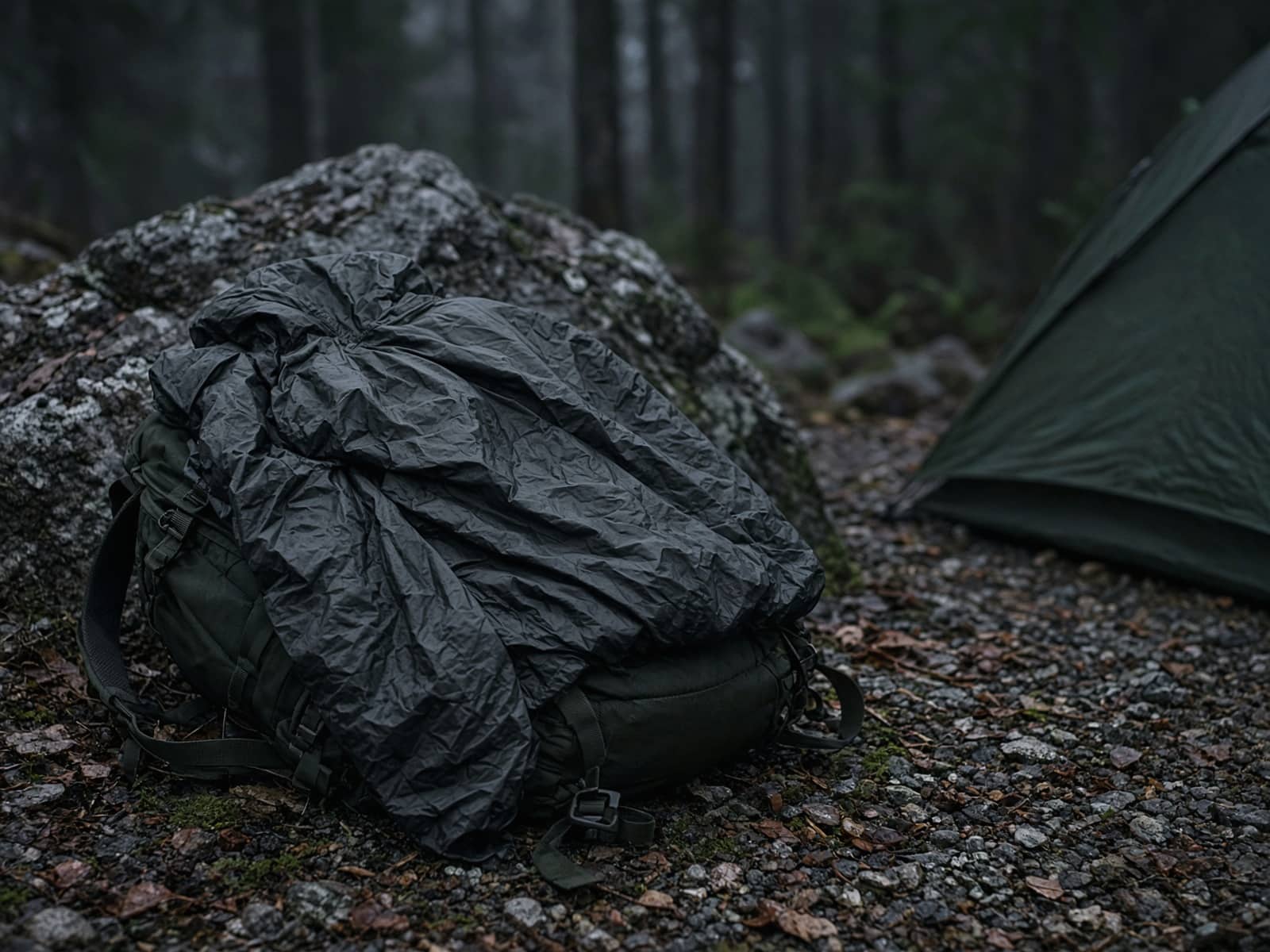 An ultra-thin down jacket draped over a pack at a cold camp