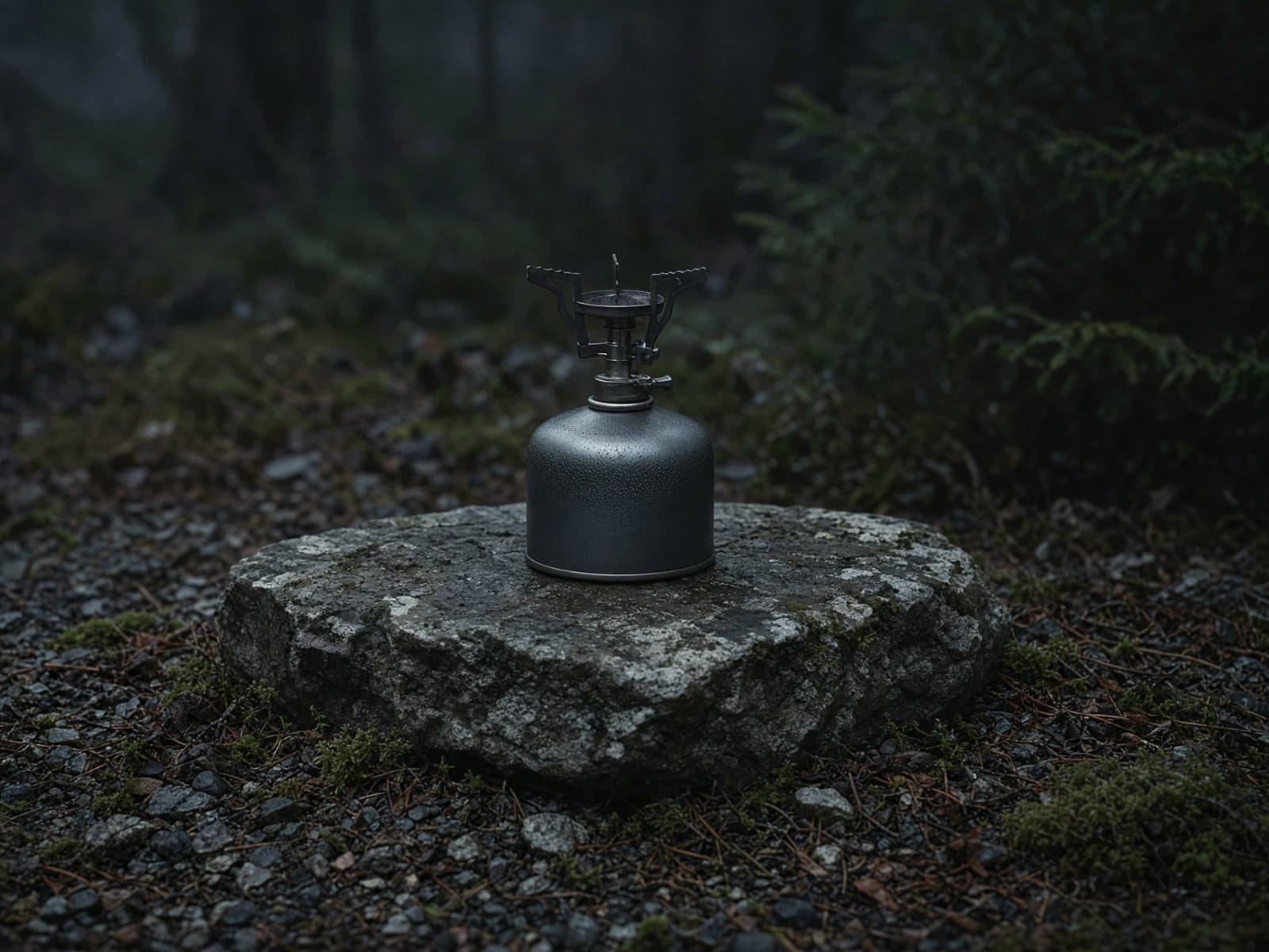 A small upright canister stove on a flat rock at dusk