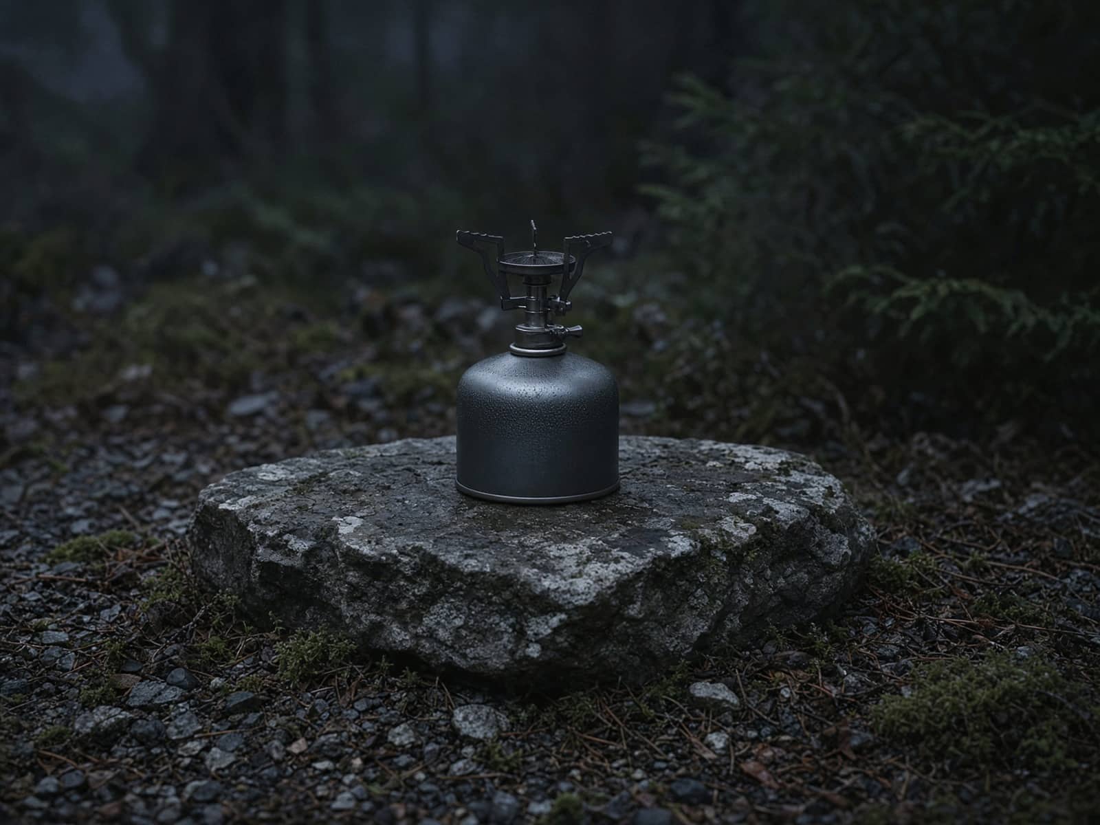 A small upright canister stove on a flat rock at dusk