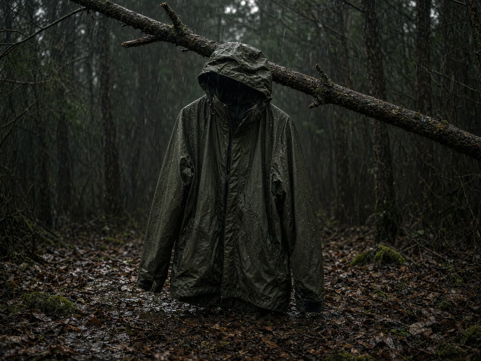 A budget recycled rain jacket hung from a branch in light rain
