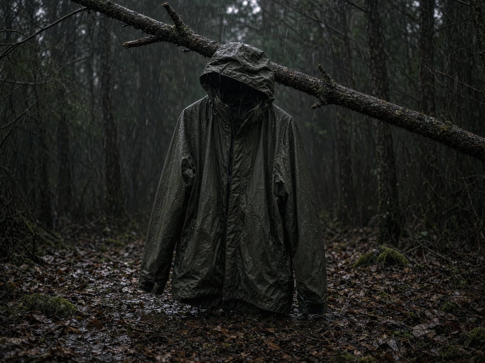 A budget recycled rain jacket hung from a branch in light rain