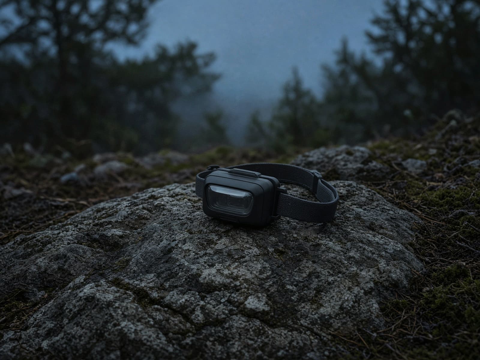A simple battery headlamp on a rock at blue hour