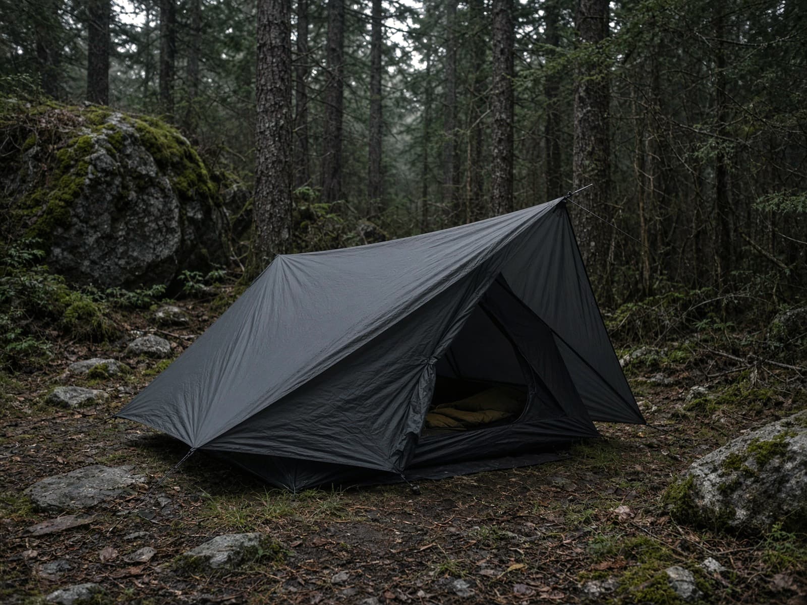 A single-wall solo tarp-tent pitched at a forest campsite