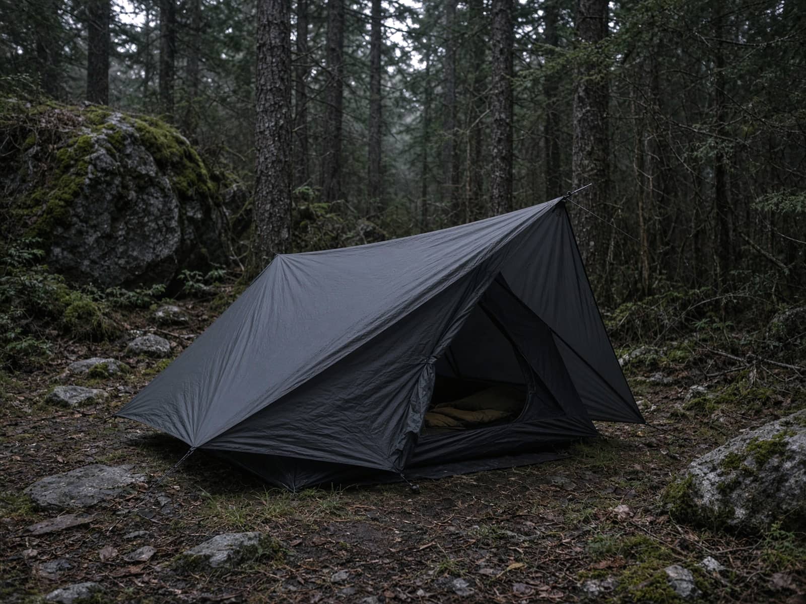 A single-wall solo tarp-tent pitched at a forest campsite