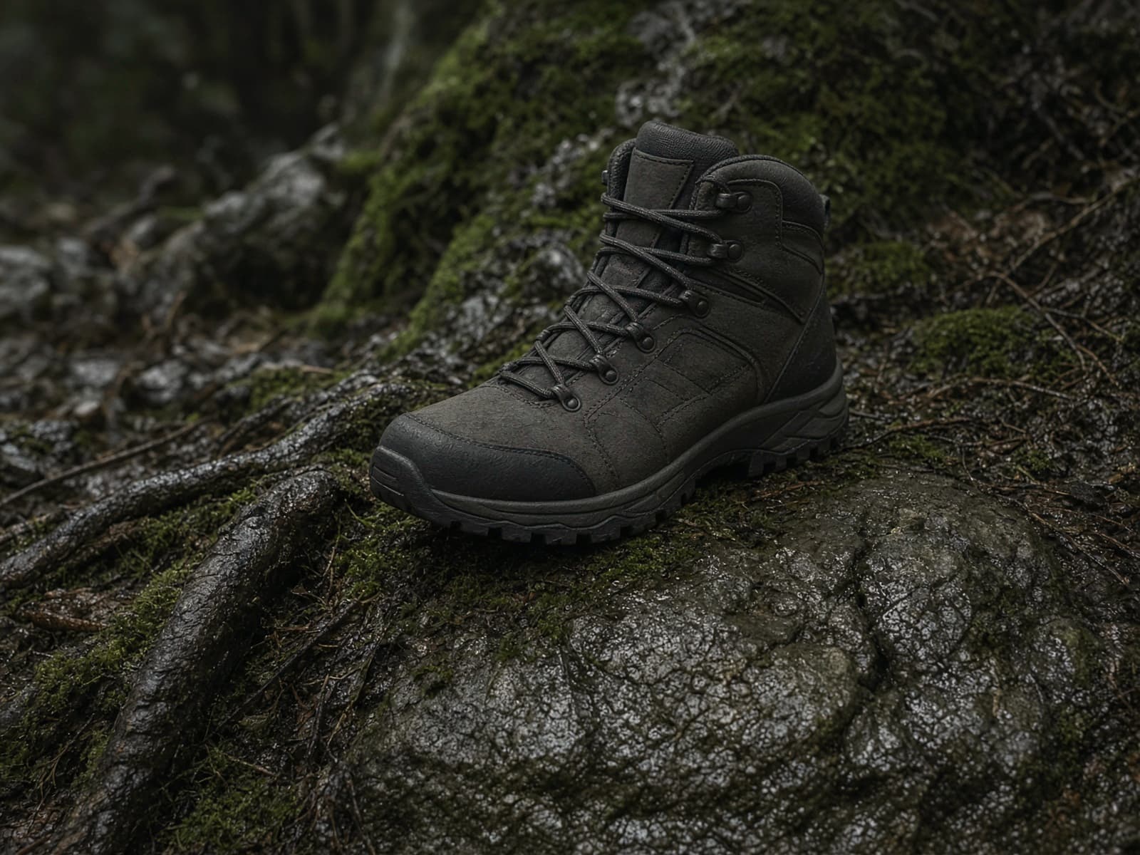 A high-support mid hiking boot on wet rock and roots