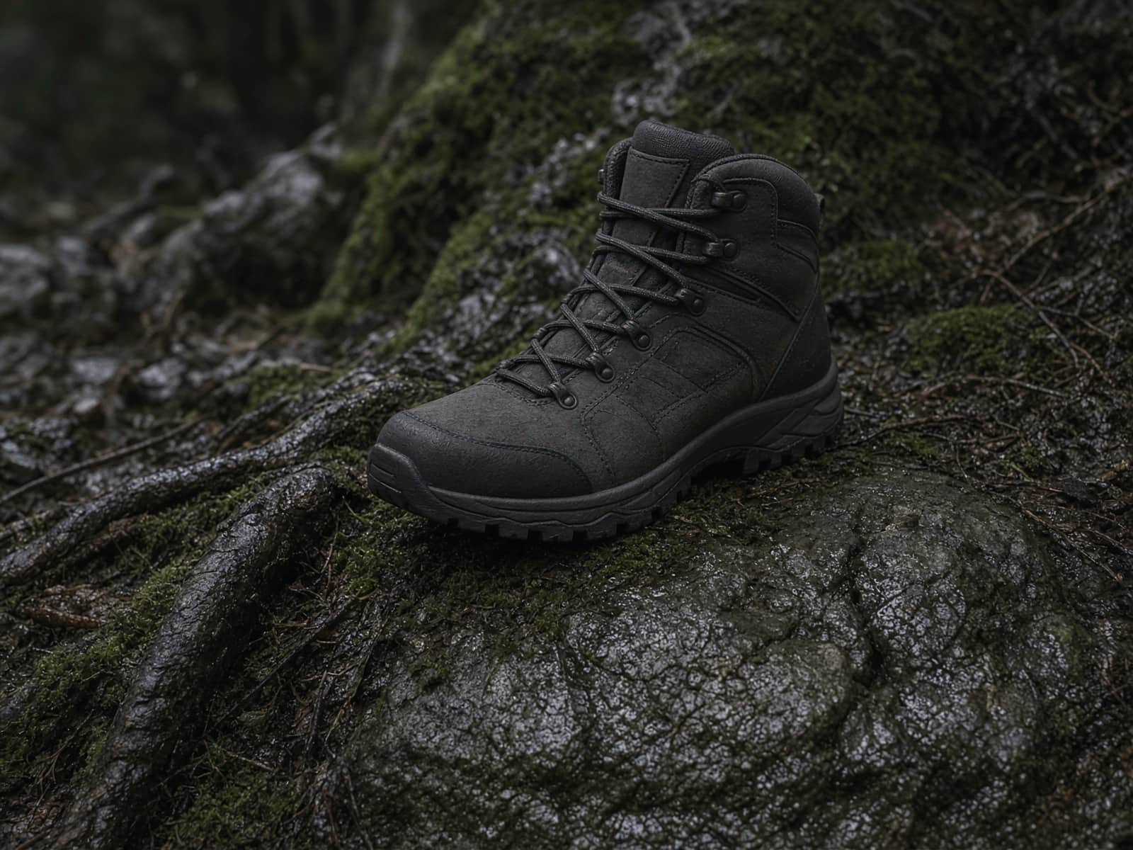 A high-support mid hiking boot on wet rock and roots