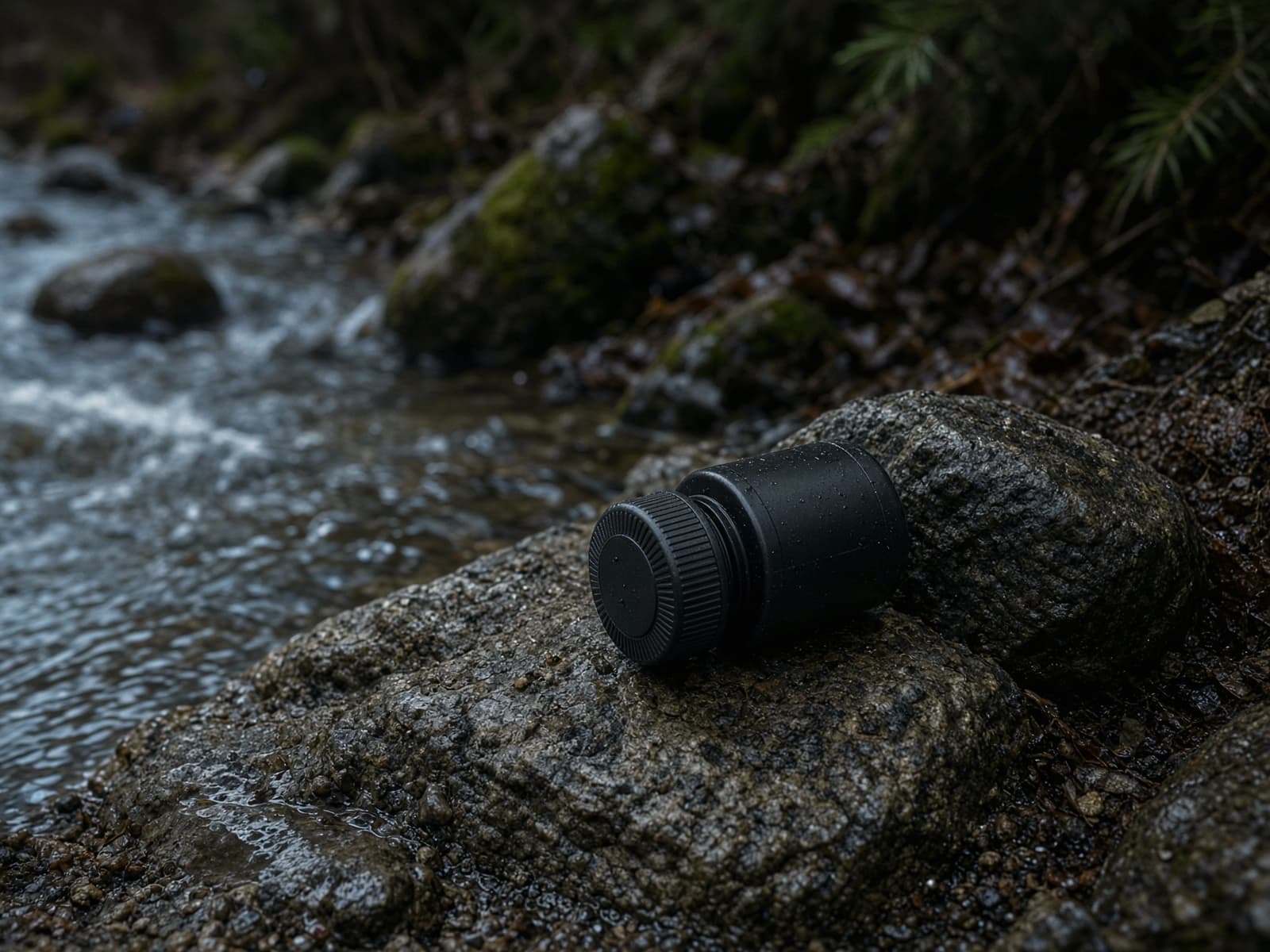 A bottle-cap water filter beside a stream