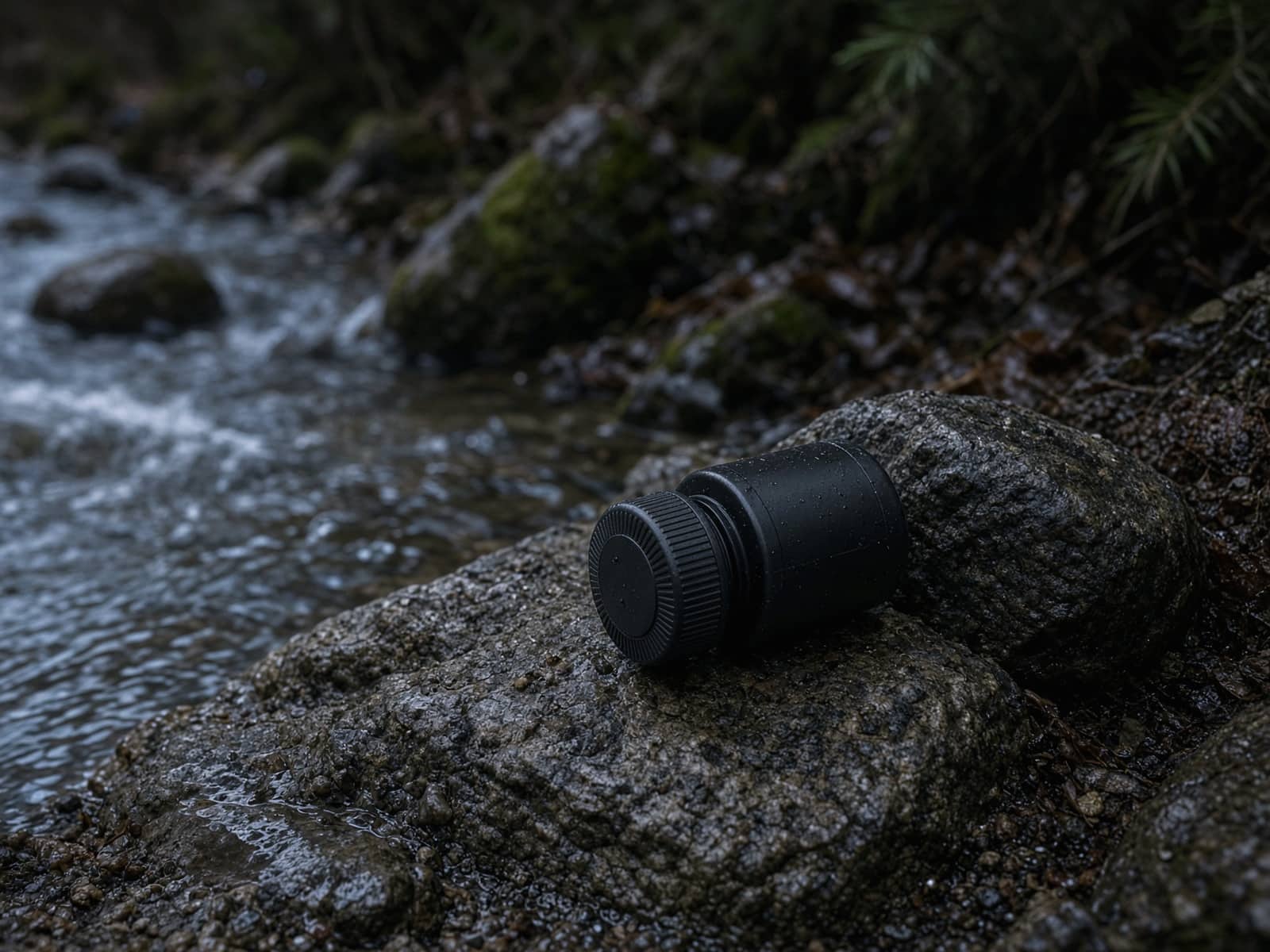 A bottle-cap water filter beside a stream