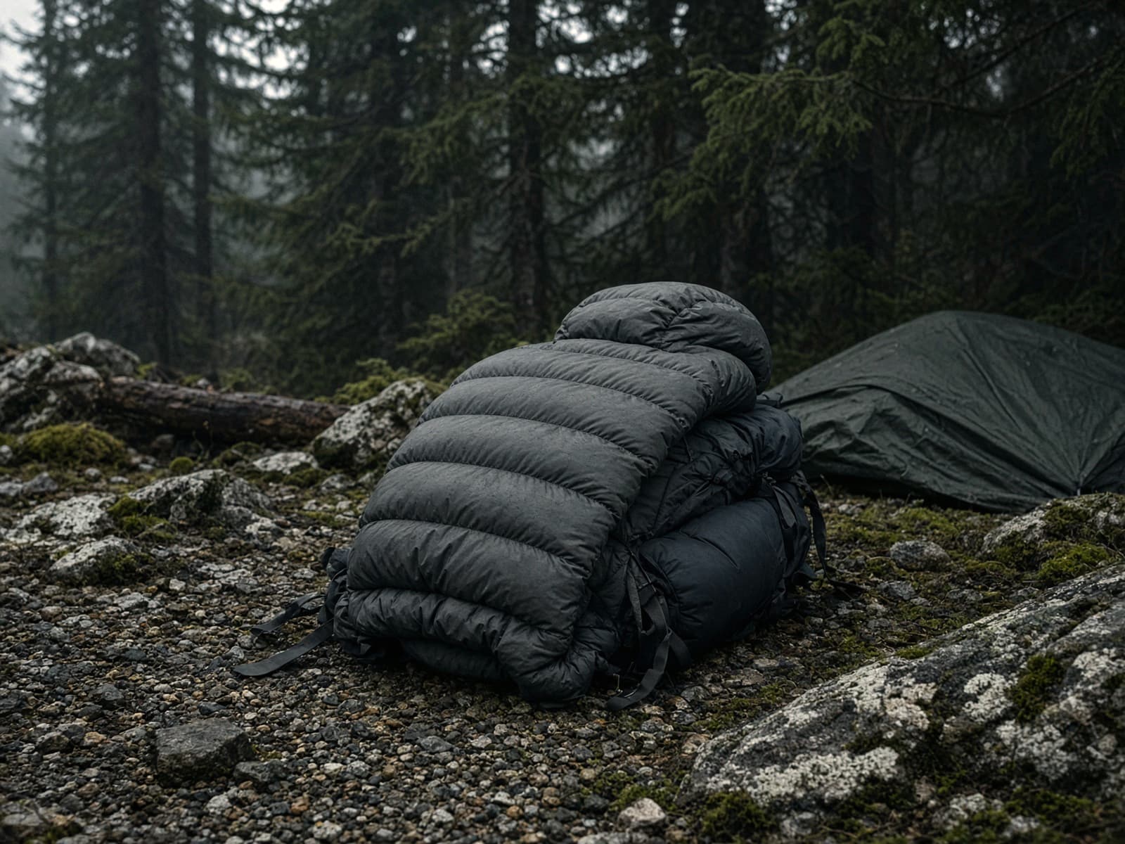 A light down hoody draped over a pack at a cold camp