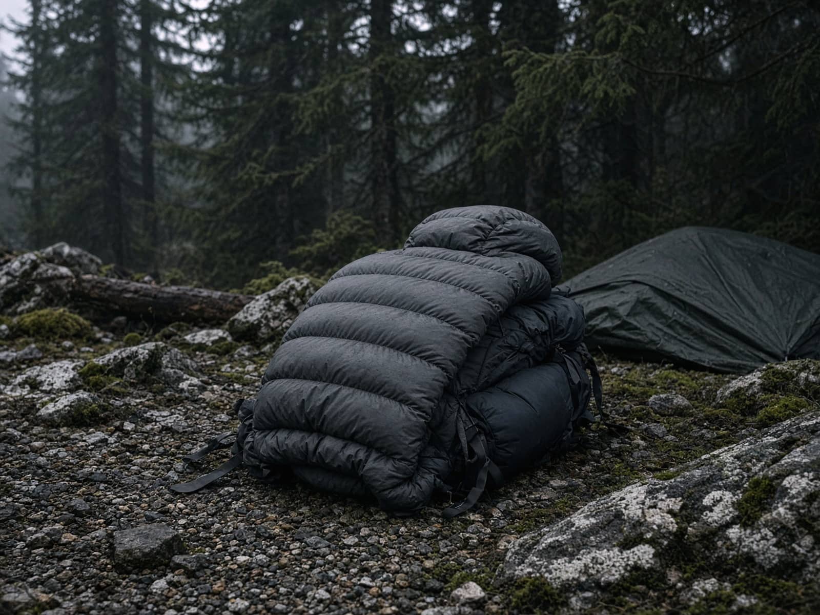 A light down hoody draped over a pack at a cold camp