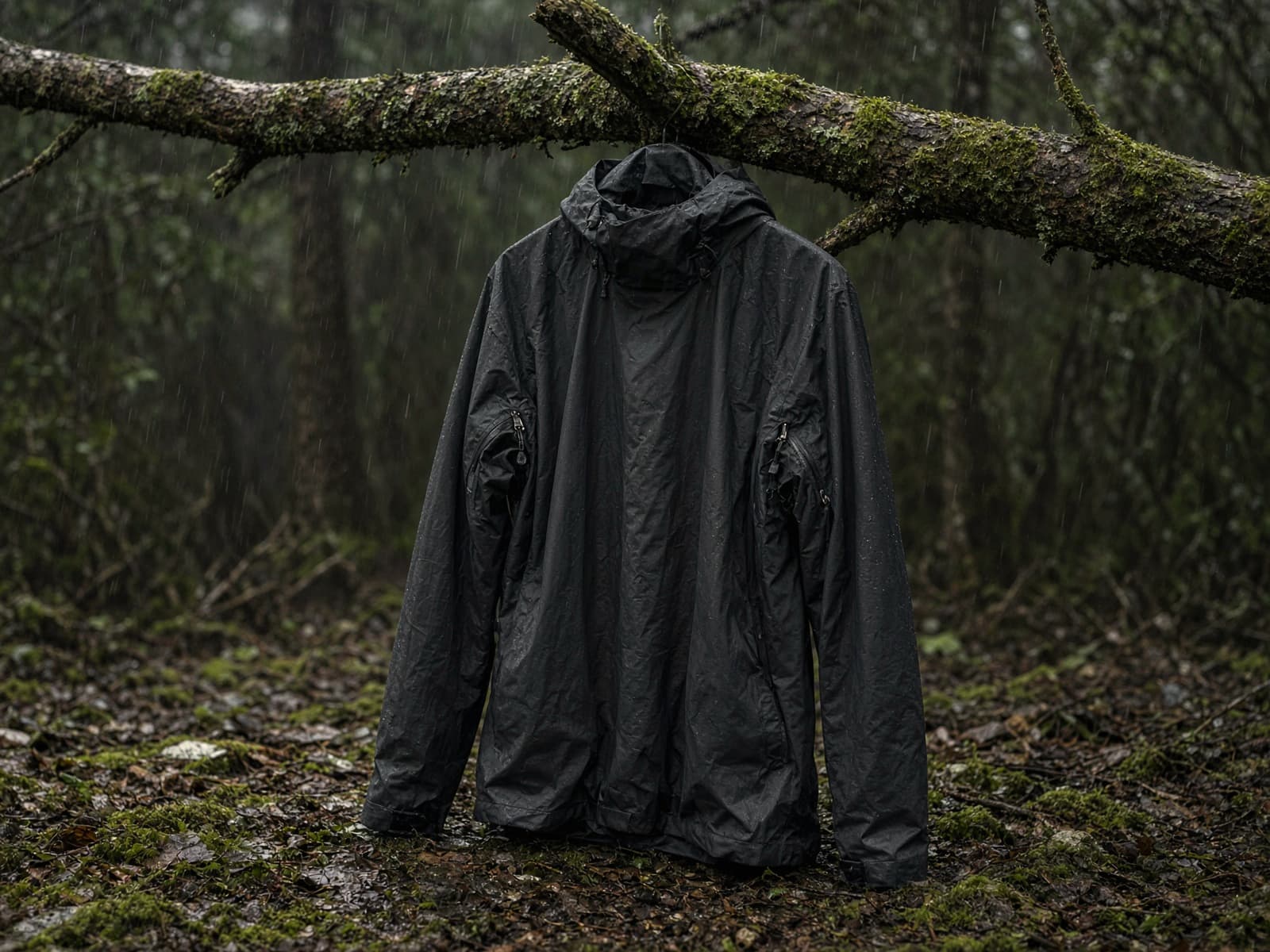 A trail rain jacket with pit zips hung from a branch in light rain