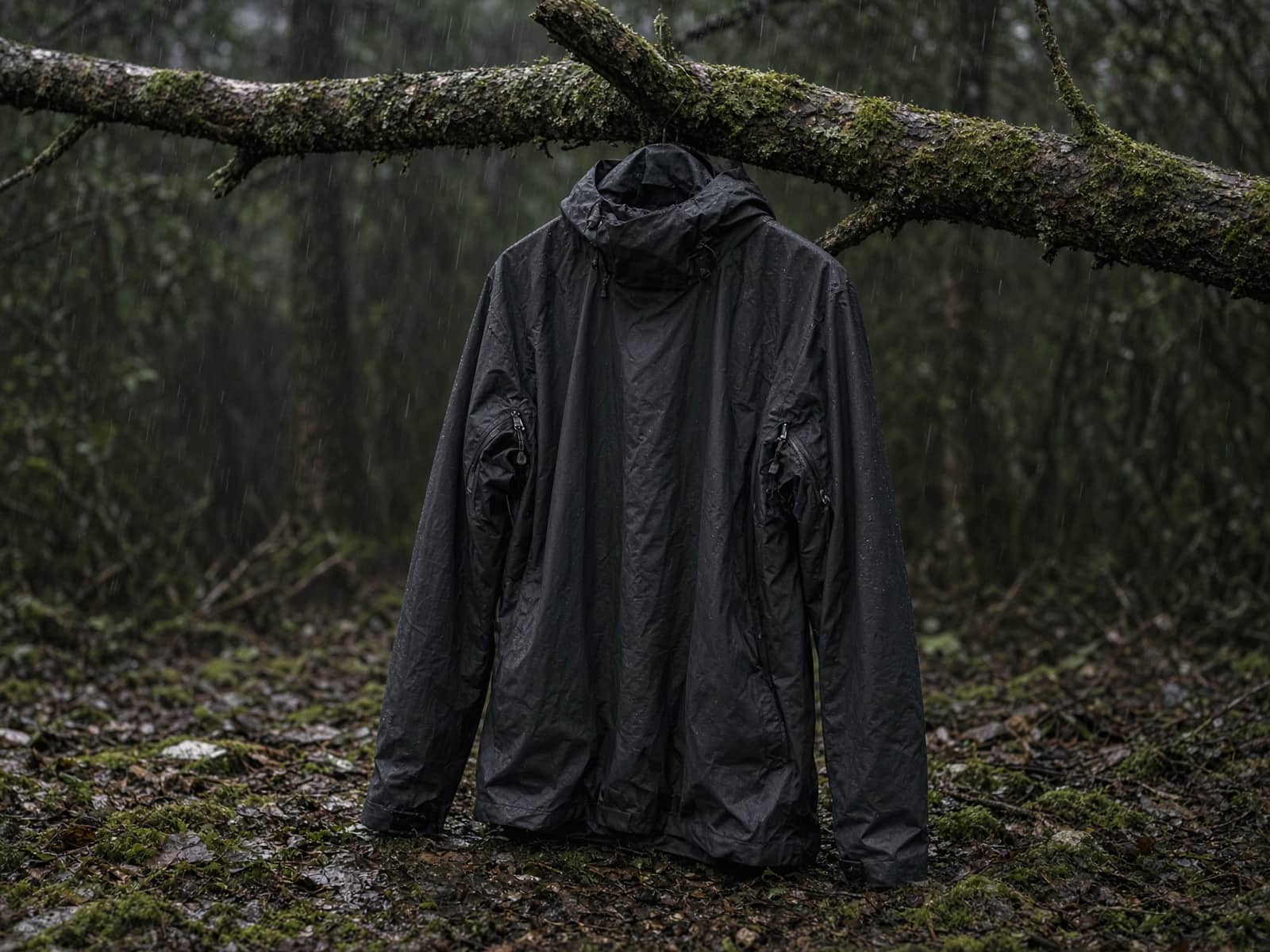 A trail rain jacket with pit zips hung from a branch in light rain