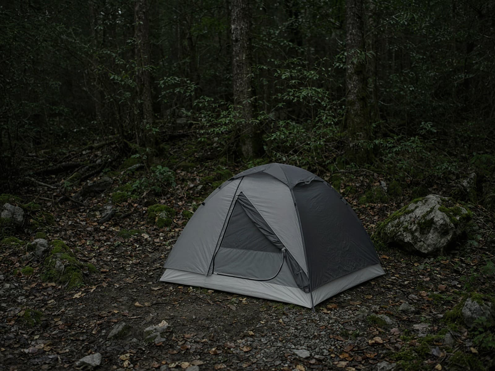 A budget freestanding dome tent pitched at a forest campsite