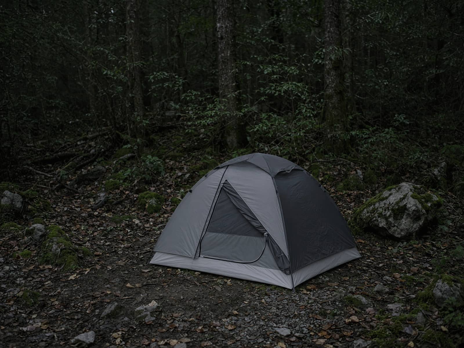 A budget freestanding dome tent pitched at a forest campsite