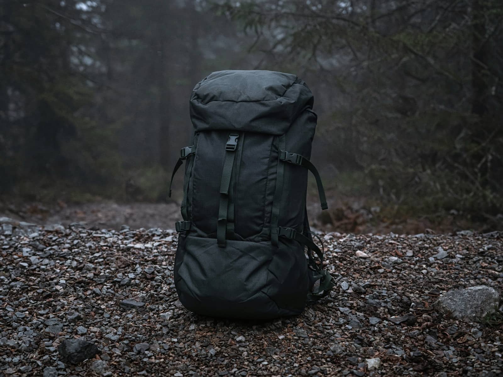 A 40-liter overnight pack standing on trailhead gravel