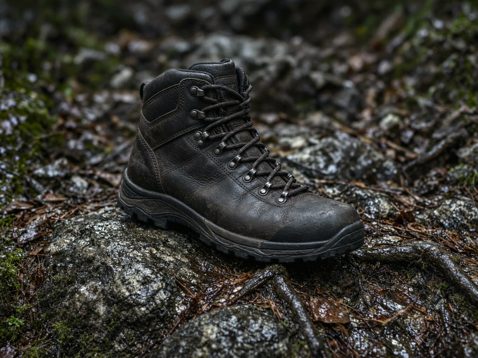 A leather mid hiking boot on wet rock and roots