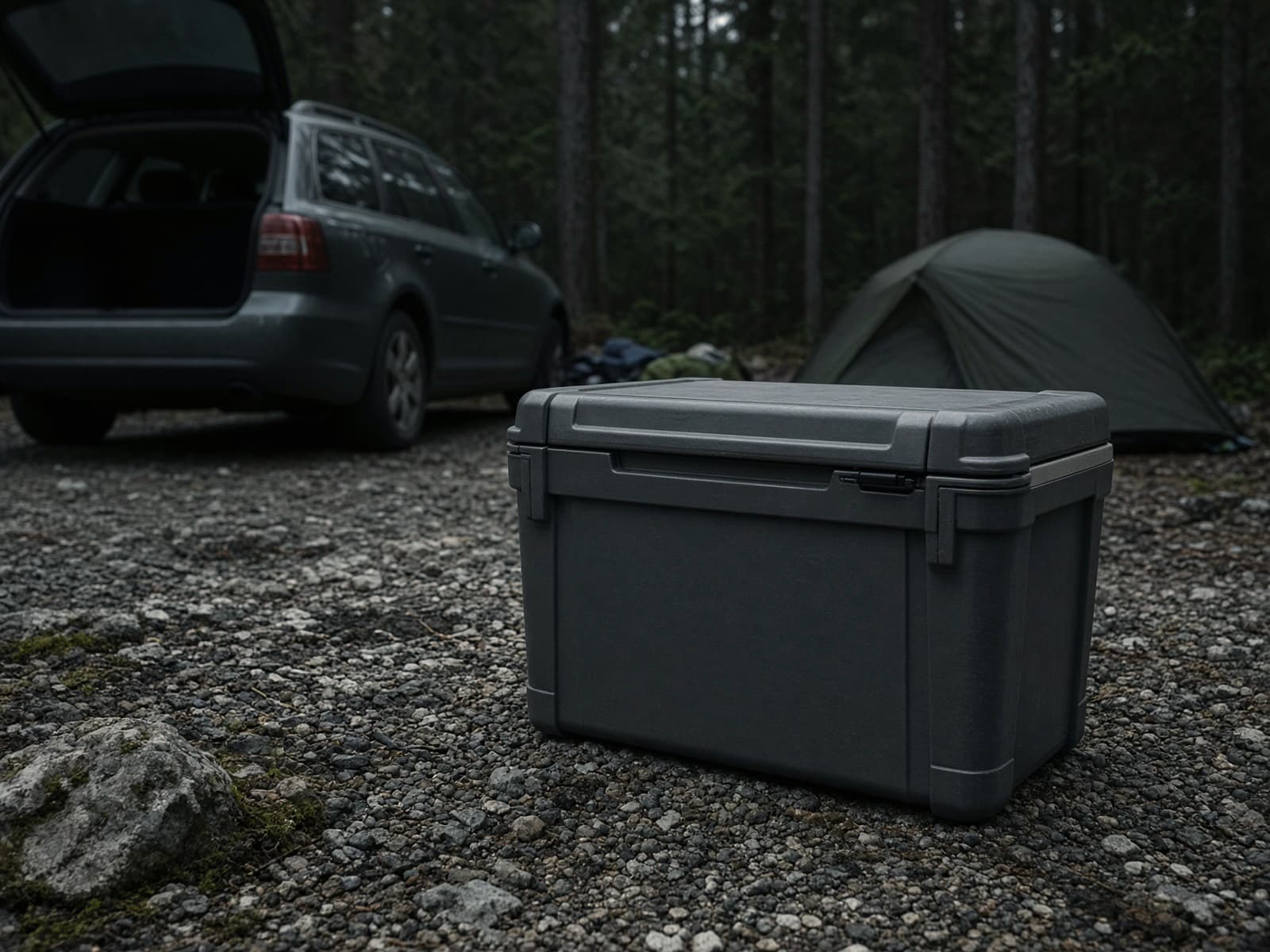 A hard rotomolded cooler at a car campsite