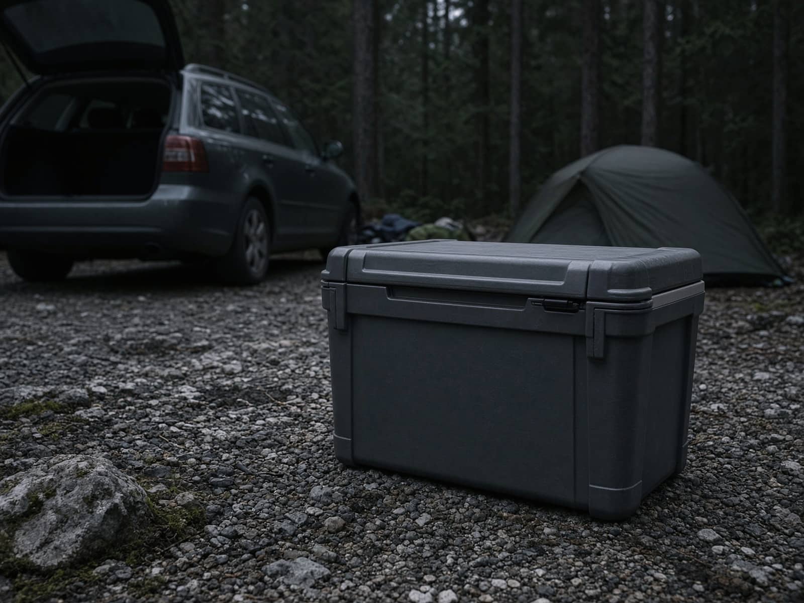 A hard rotomolded cooler at a car campsite