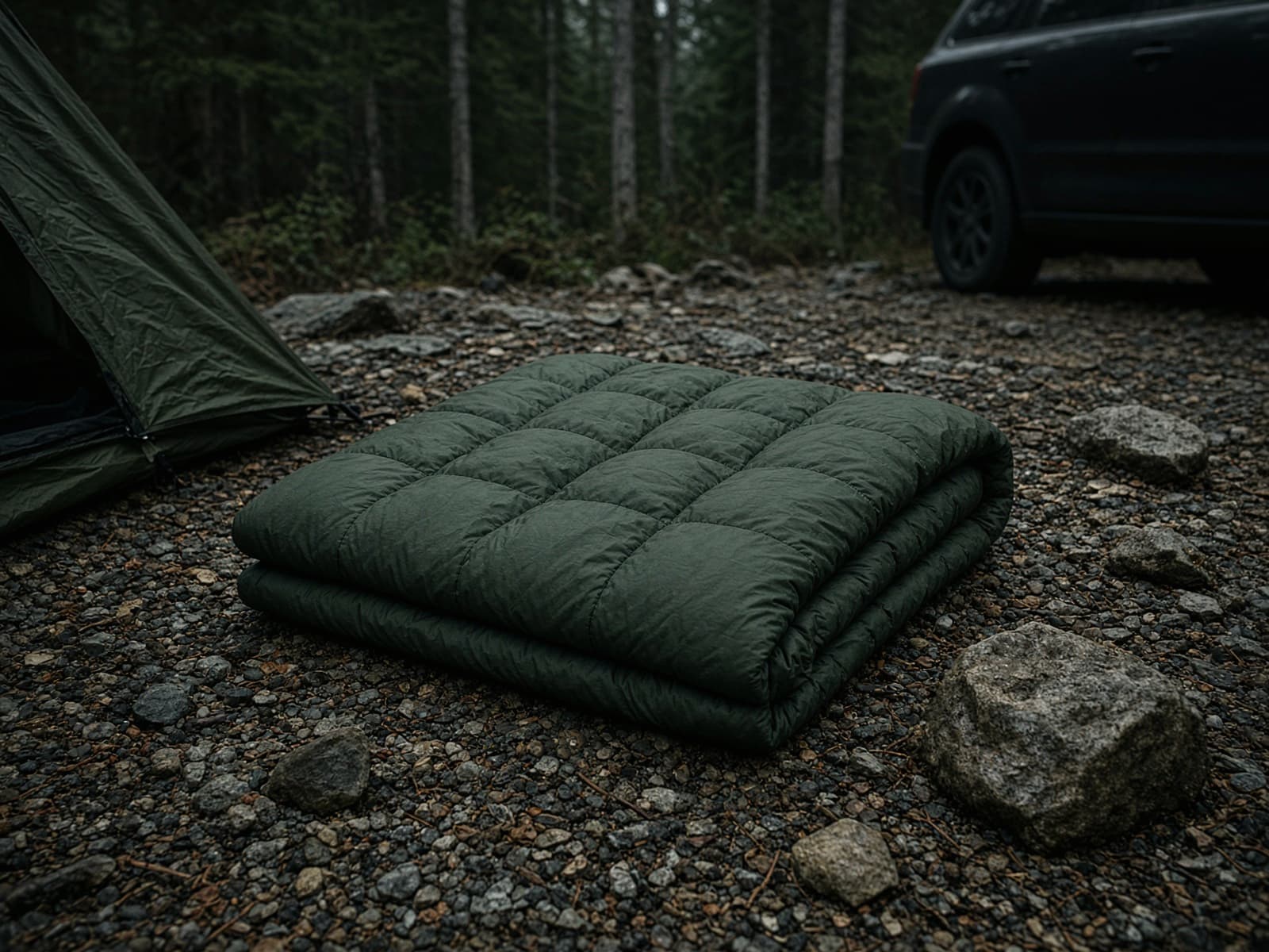 A quilted camp blanket at a car campsite