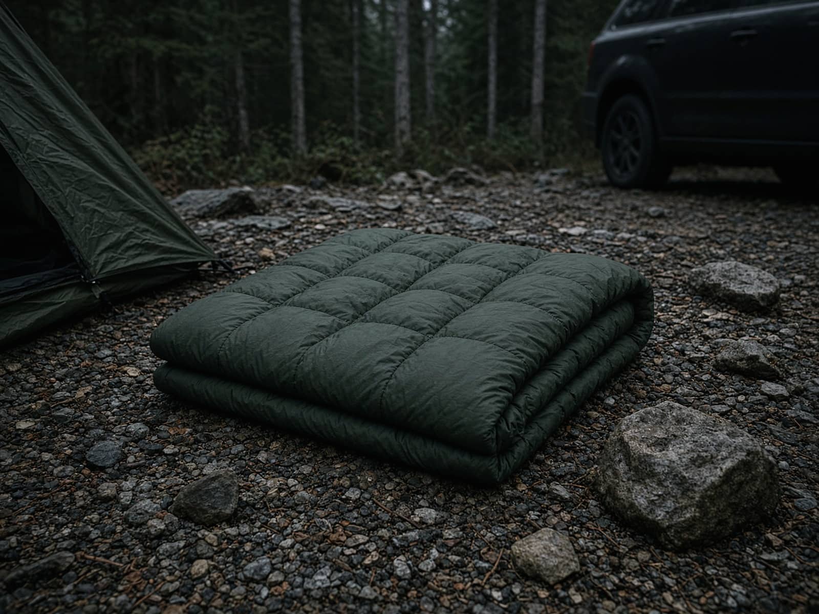 A quilted camp blanket at a car campsite