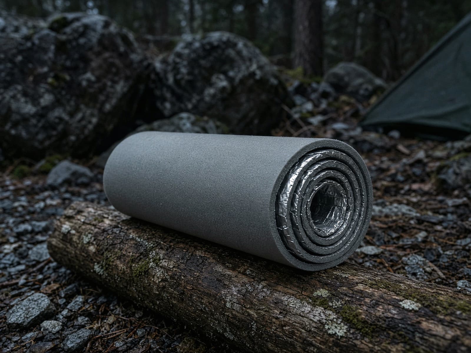 A rolled foam-and-aluminum splint on a log at camp