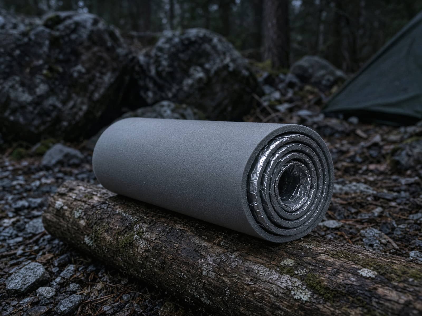 A rolled foam-and-aluminum splint on a log at camp