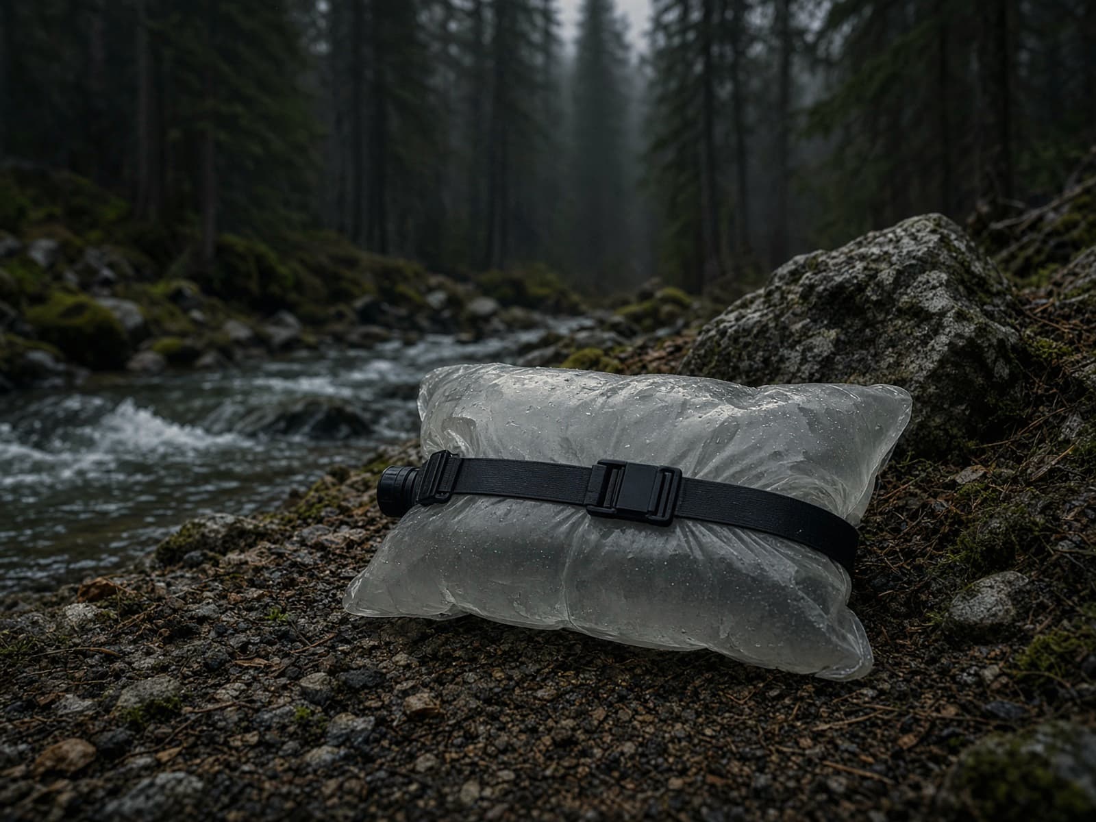 A squeeze filter on a soft water bag beside a stream