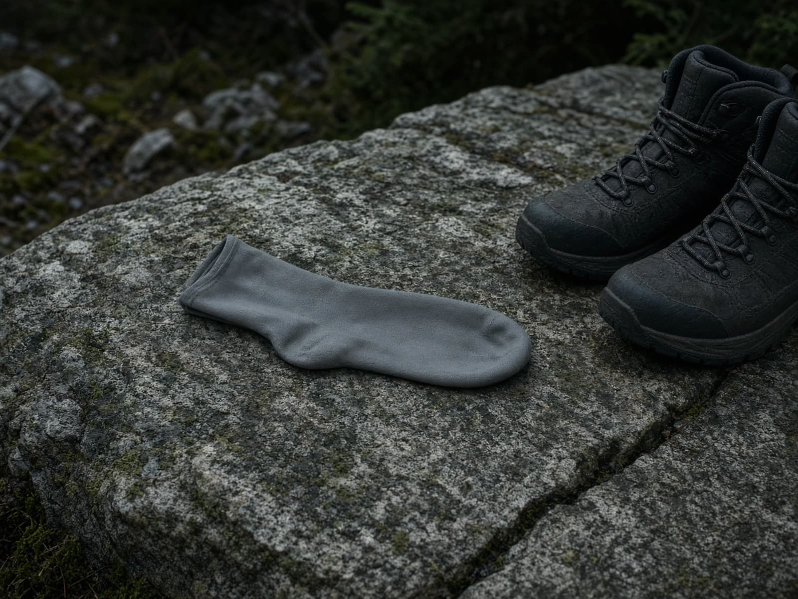 A waterproof sock on a granite slab beside boots