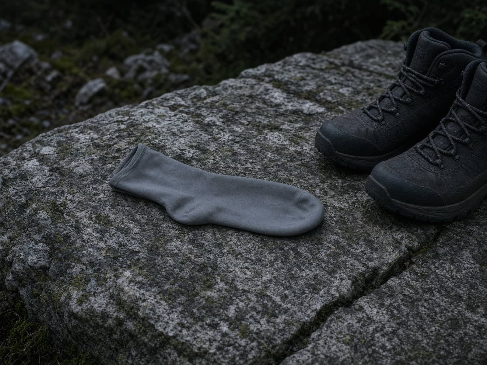A waterproof sock on a granite slab beside boots