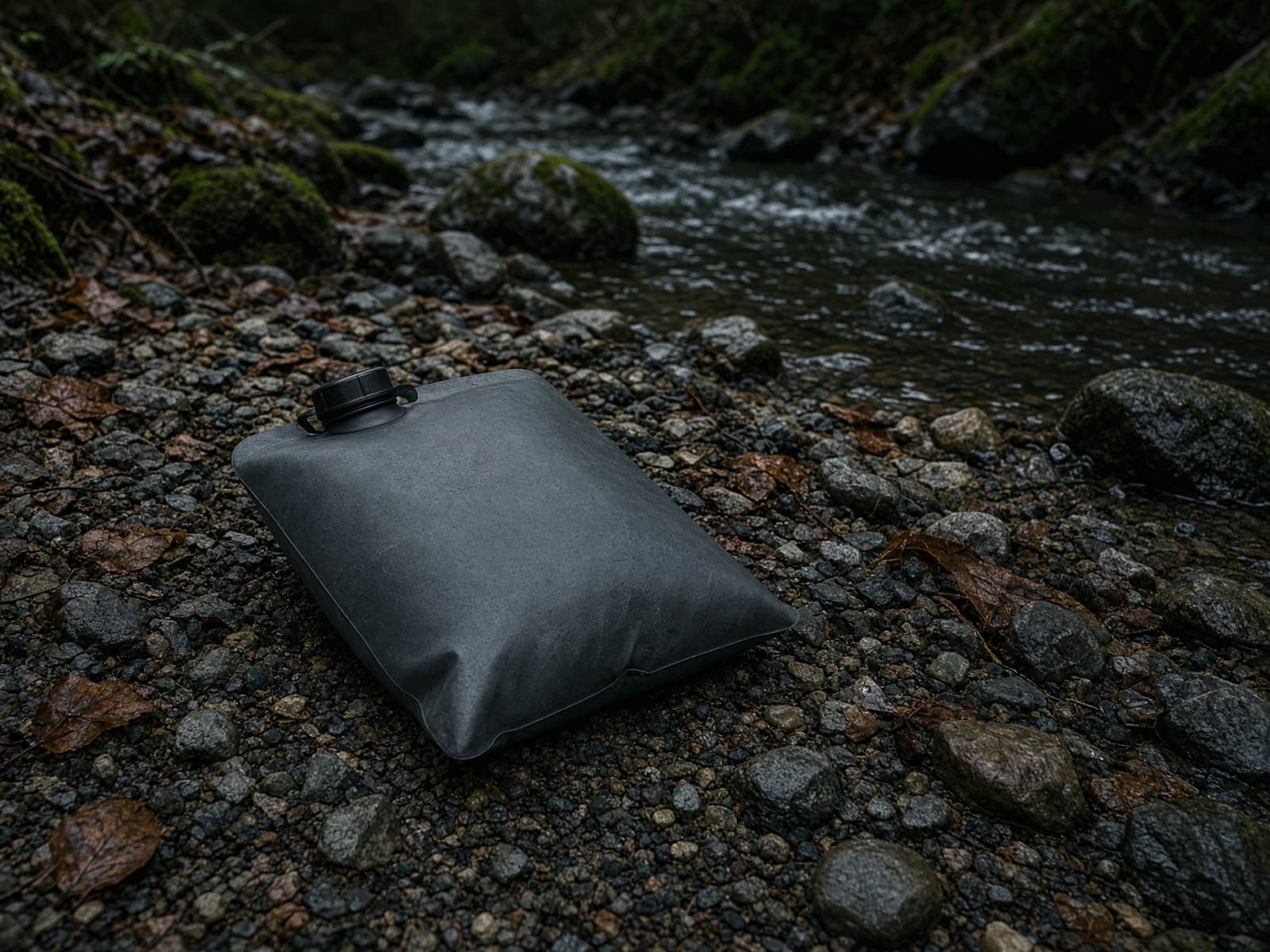 A collapsible soft water bag beside a stream