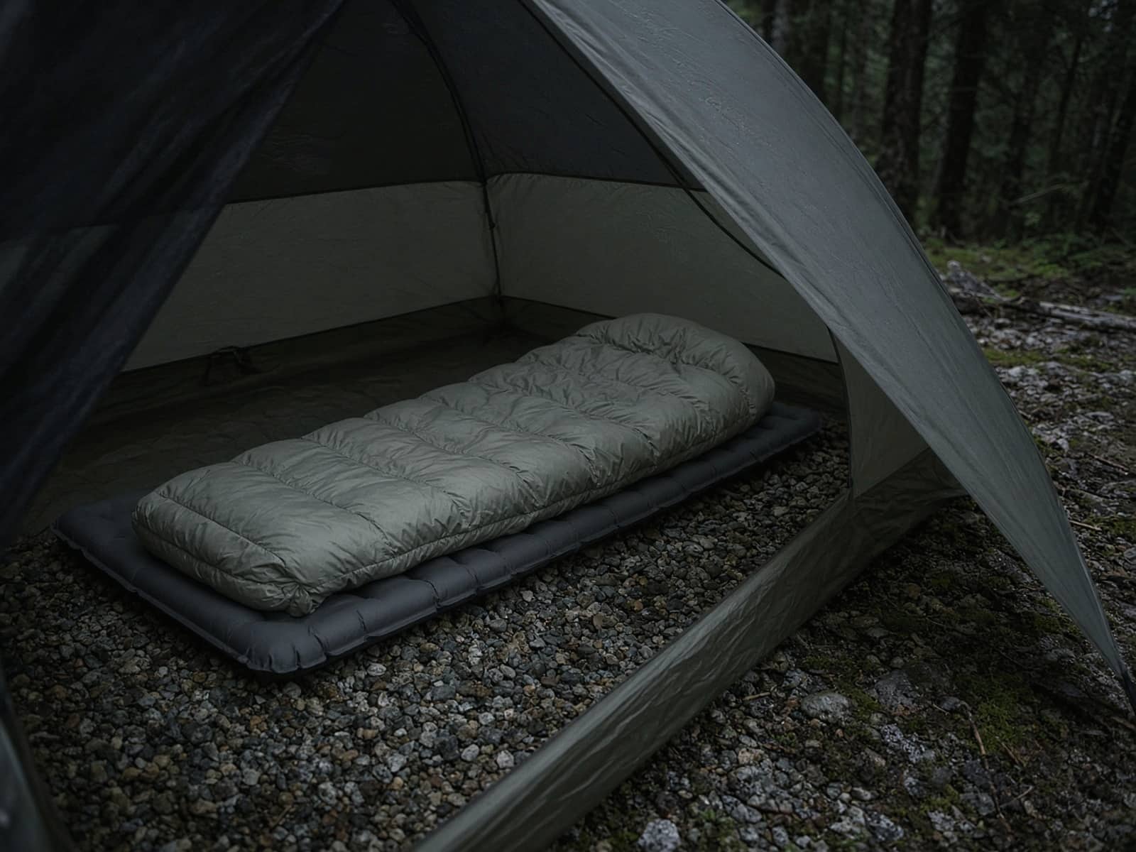 A synthetic rectangular-ish sleeping bag lofted on a pad inside a tent