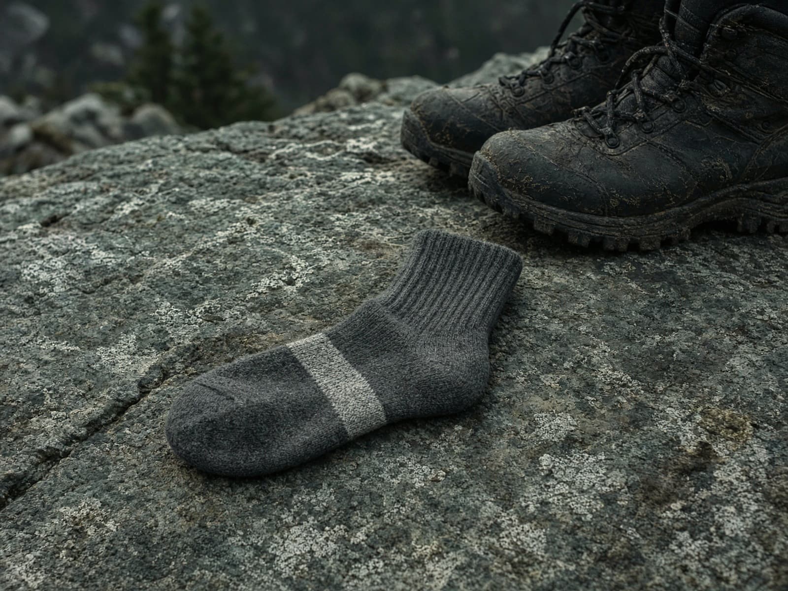 A cushioned merino hiking sock on a granite slab beside boots