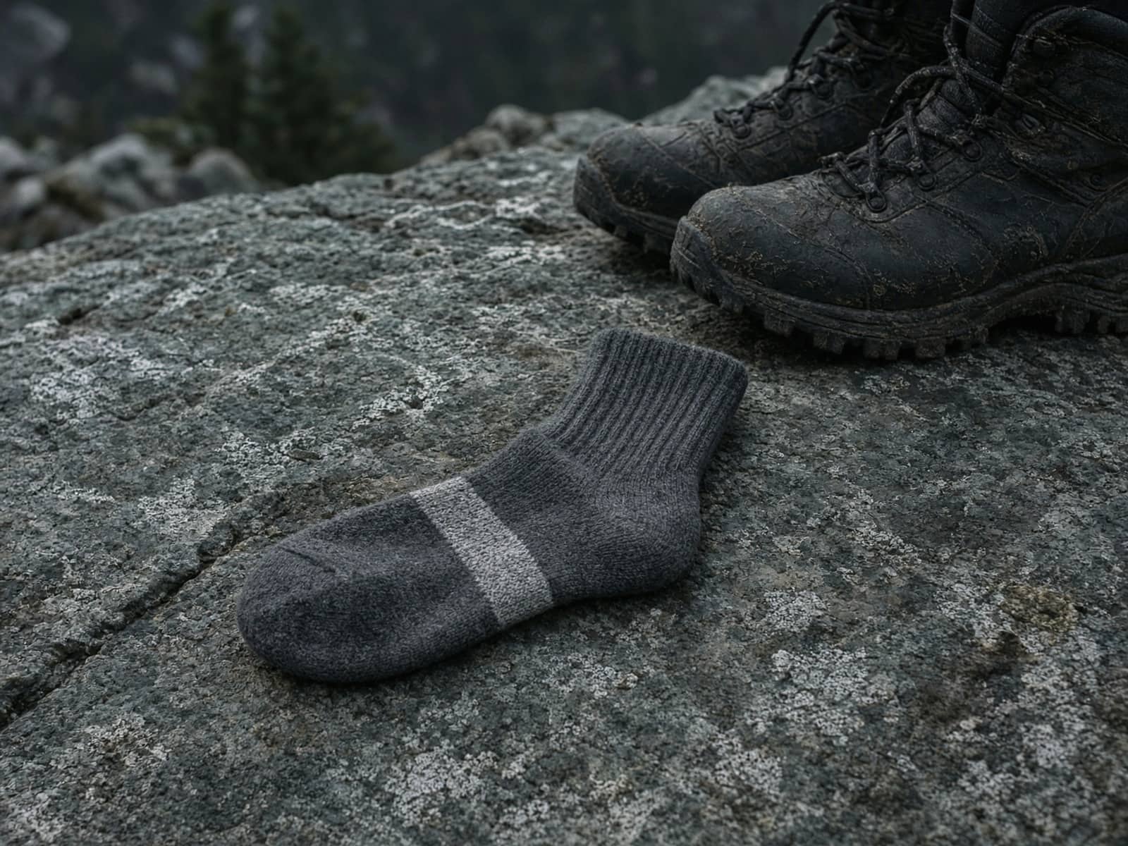 A cushioned merino hiking sock on a granite slab beside boots