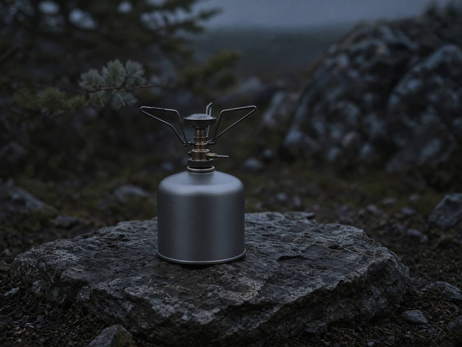 A fine-control canister stove on a flat rock at dusk