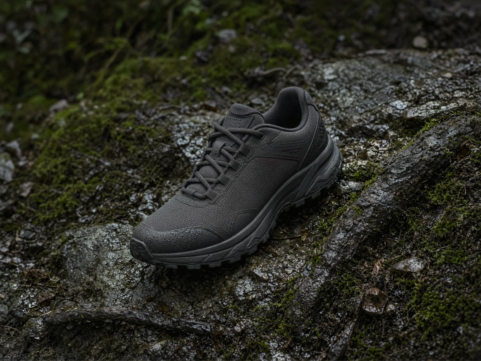 A high-cushion trail running shoe on wet rock and roots