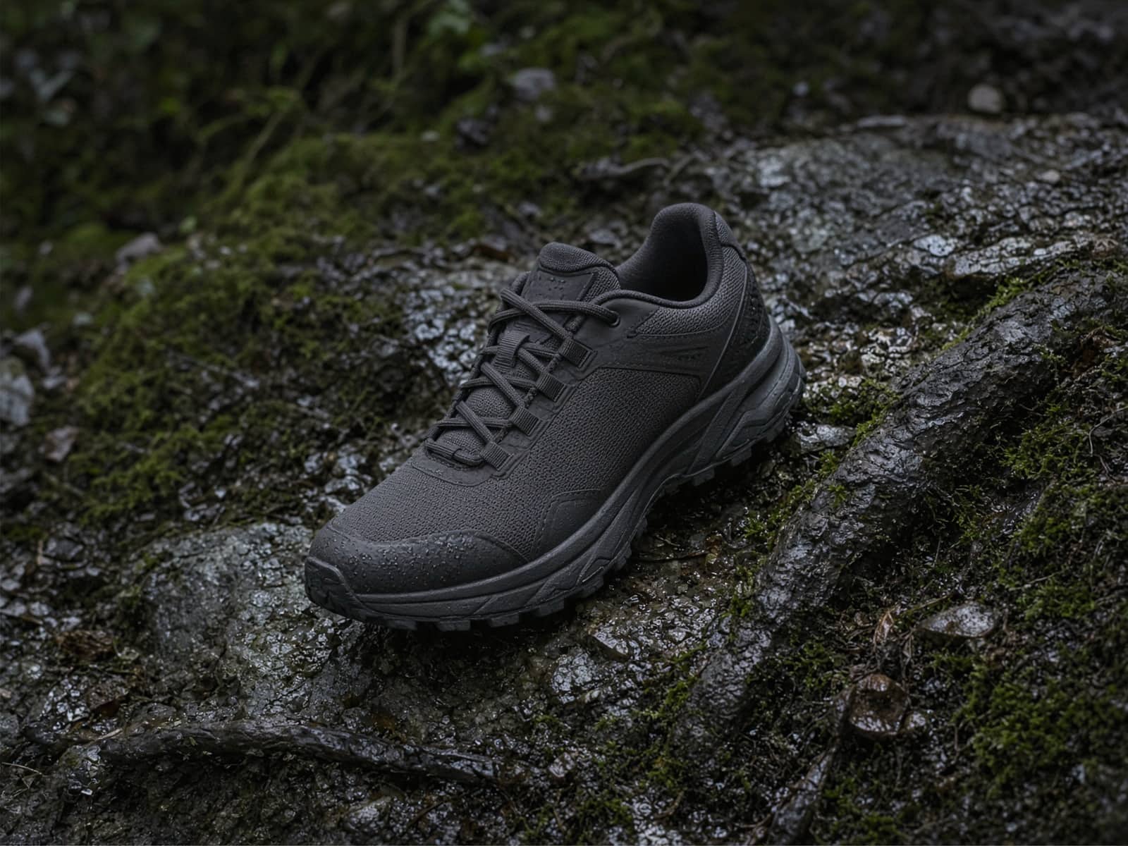 A high-cushion trail running shoe on wet rock and roots