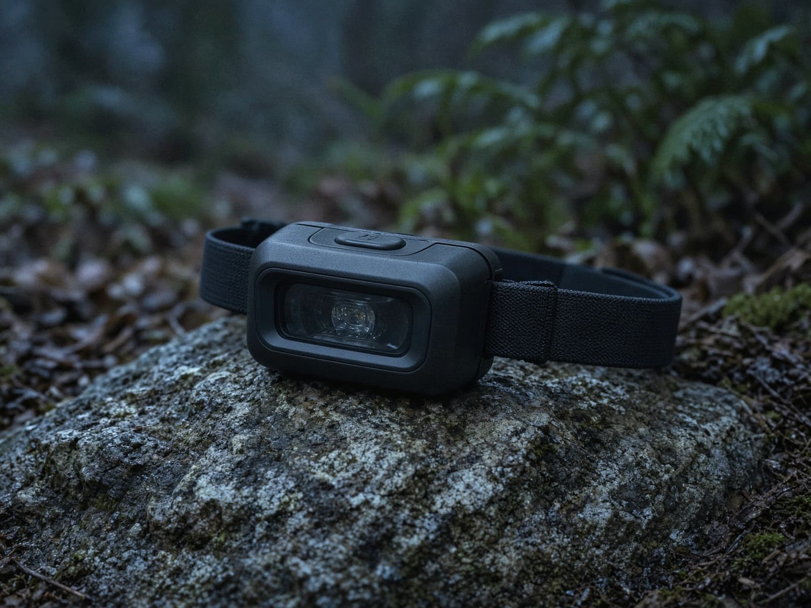 A rechargeable headlamp with a squarer body on a rock at blue hour