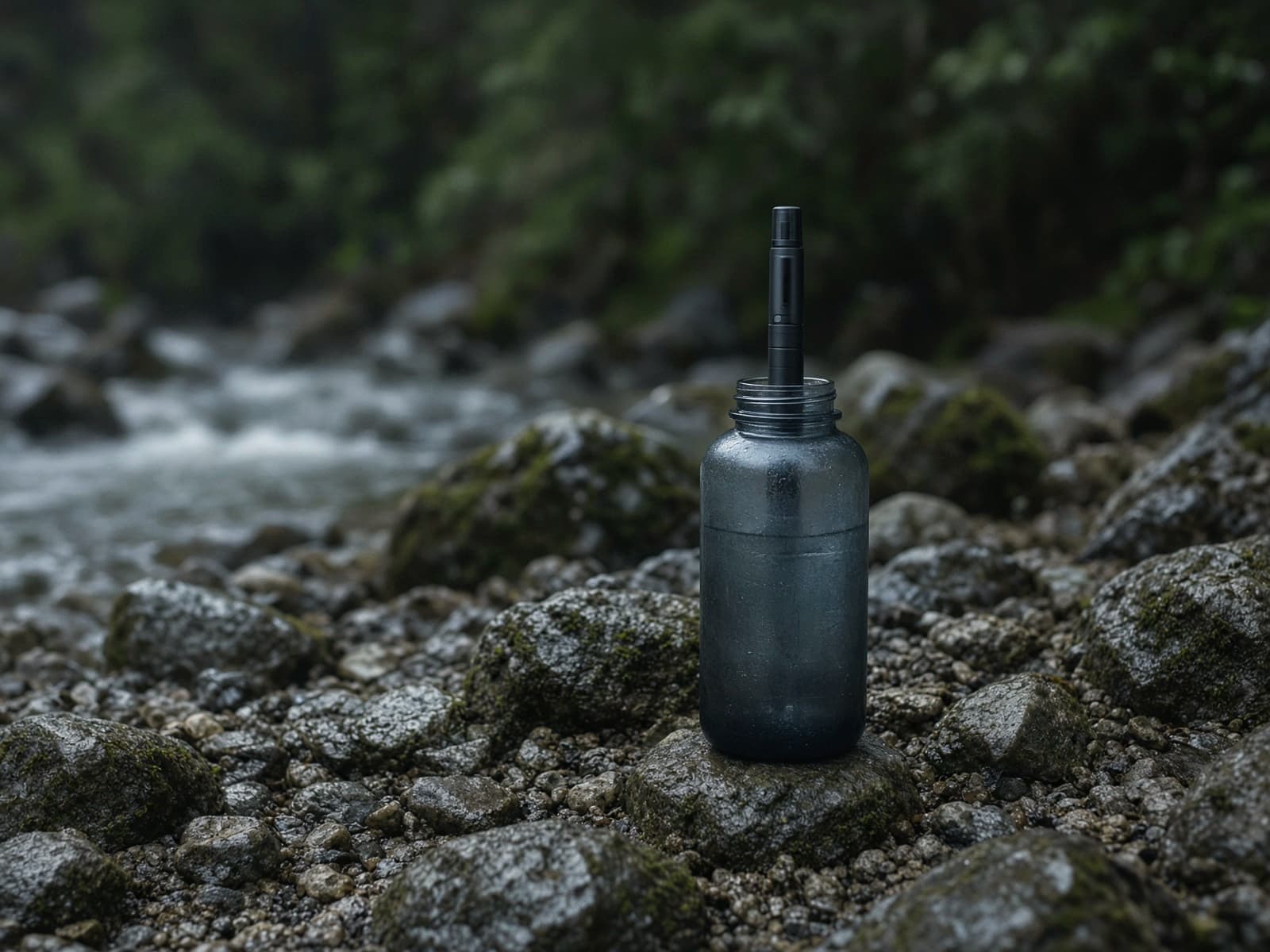 A UV pen in a water bottle beside a stream