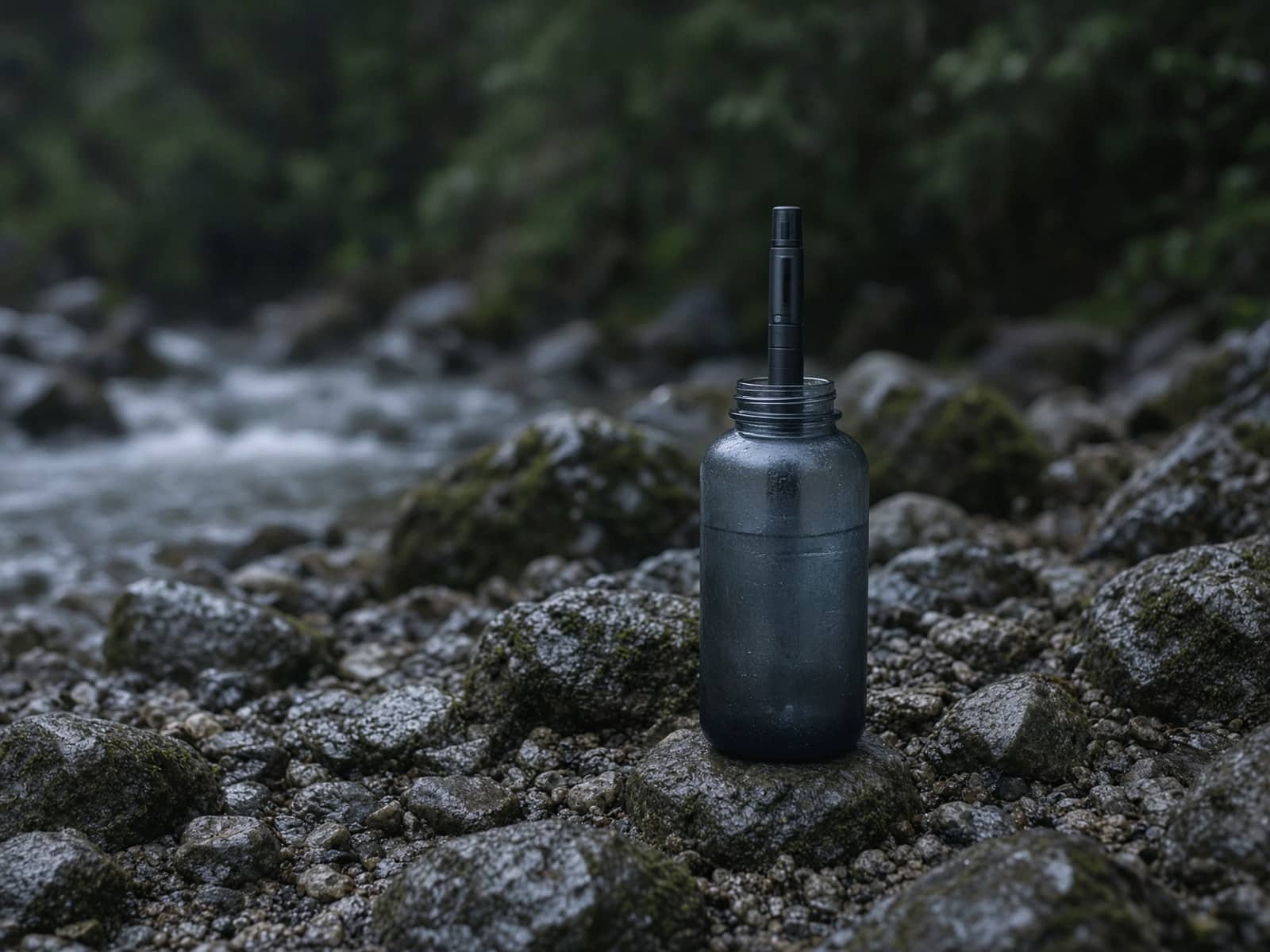 A UV pen in a water bottle beside a stream
