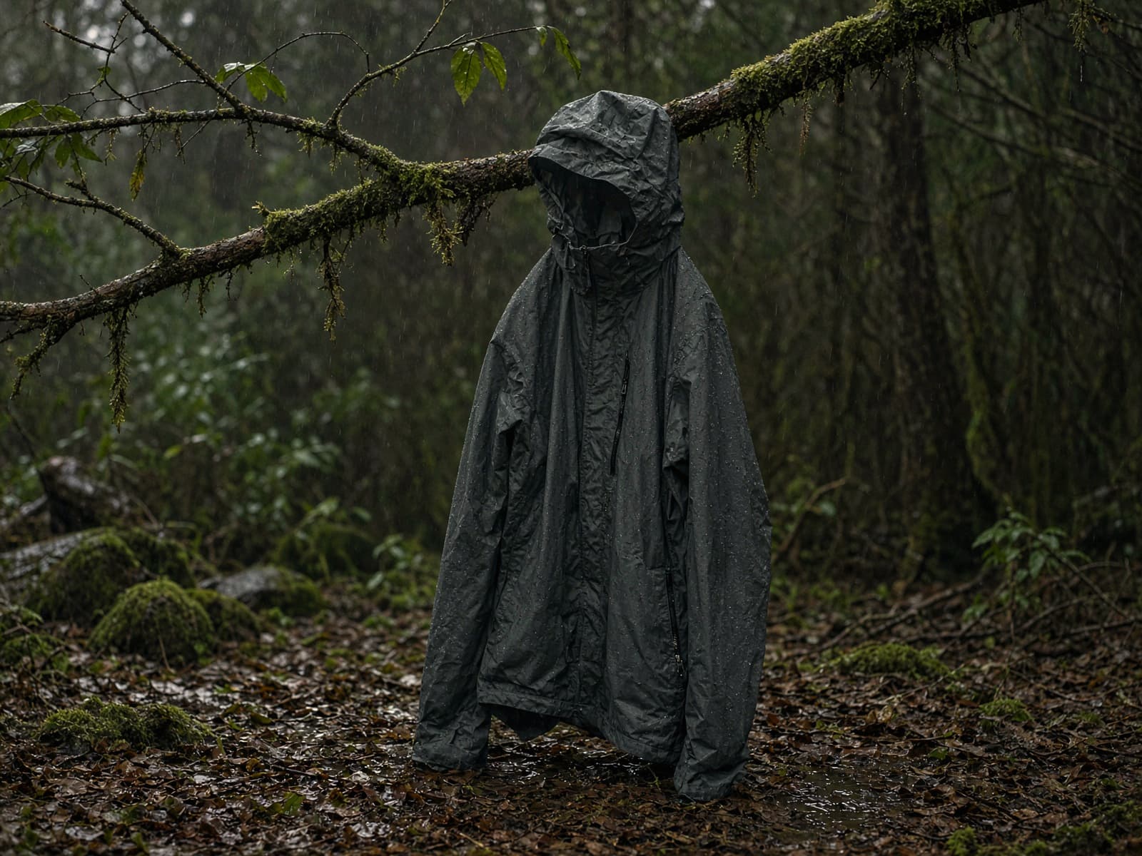 A stretchy budget rain shell hung from a branch in light rain