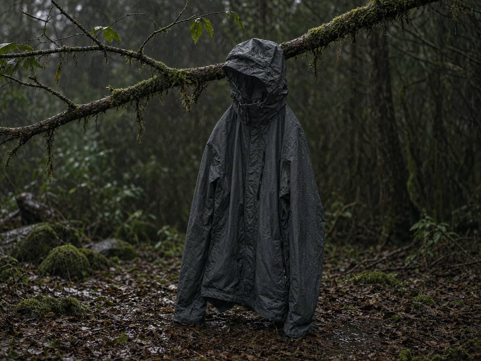 A stretchy budget rain shell hung from a branch in light rain