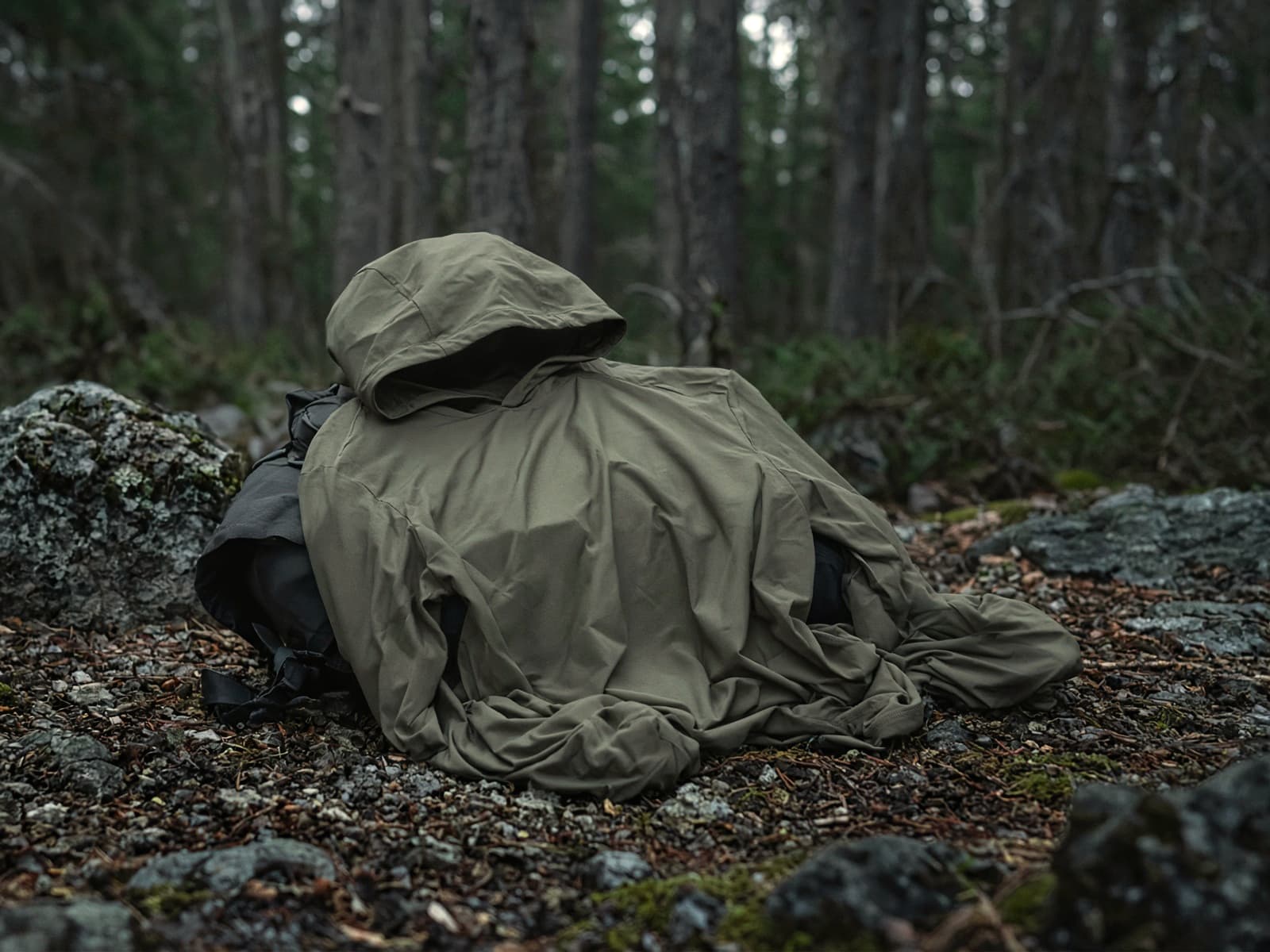 A thin sun hoodie draped over a pack at a cold camp