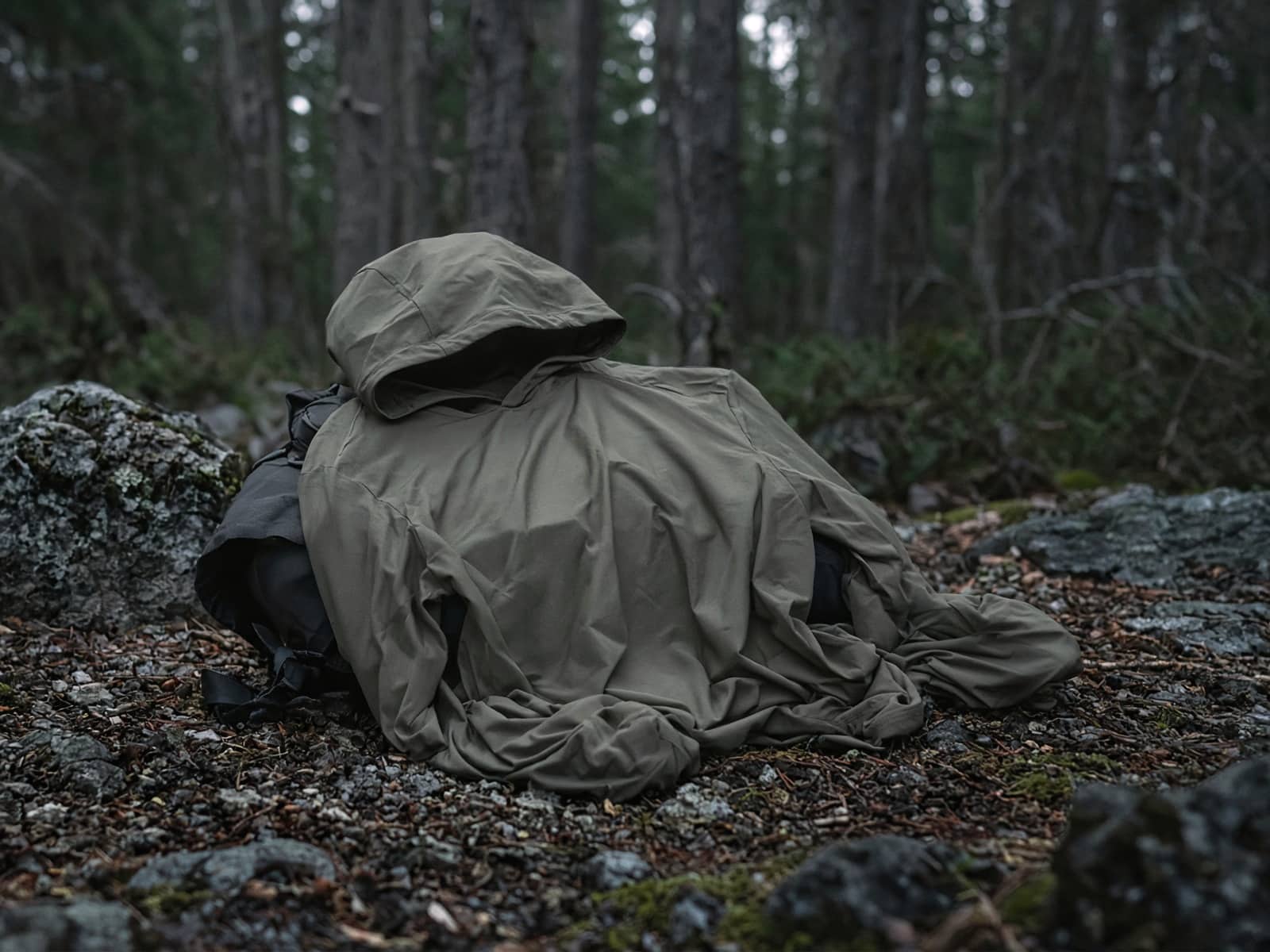 A thin sun hoodie draped over a pack at a cold camp