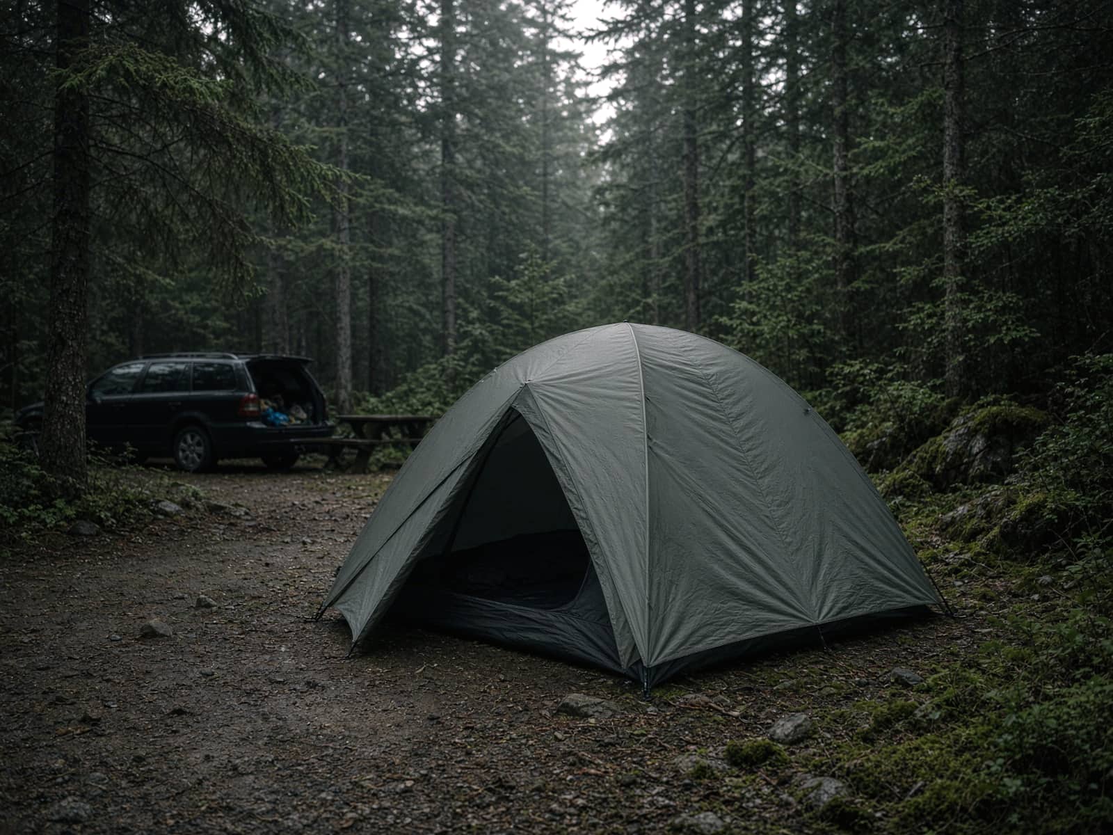 A simple dome tent at a family car campsite