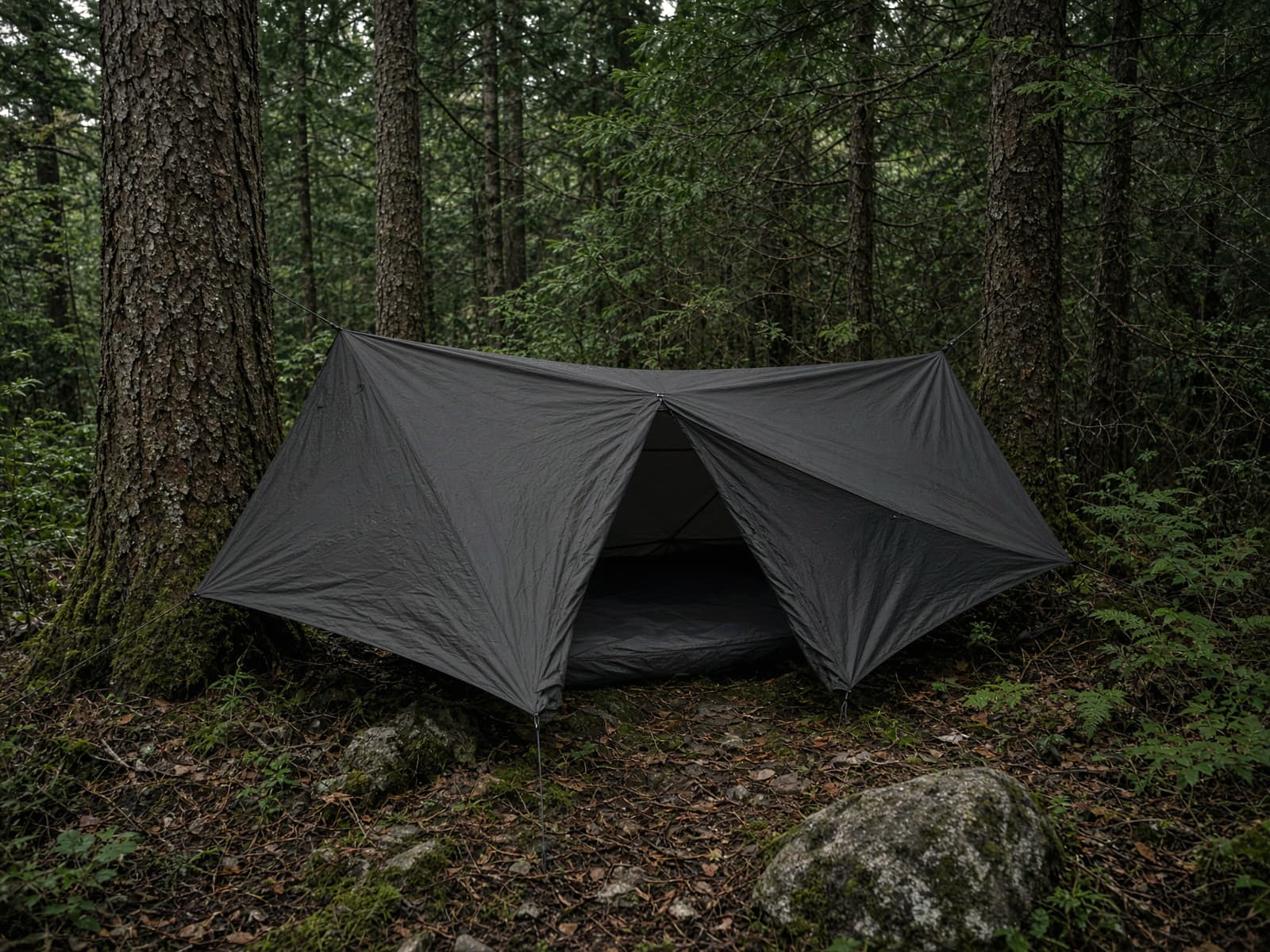 A hammock tarp with closable doors between two conifers